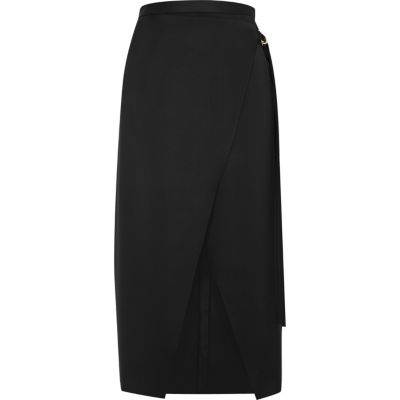 Black wrap ring detail midi skirt